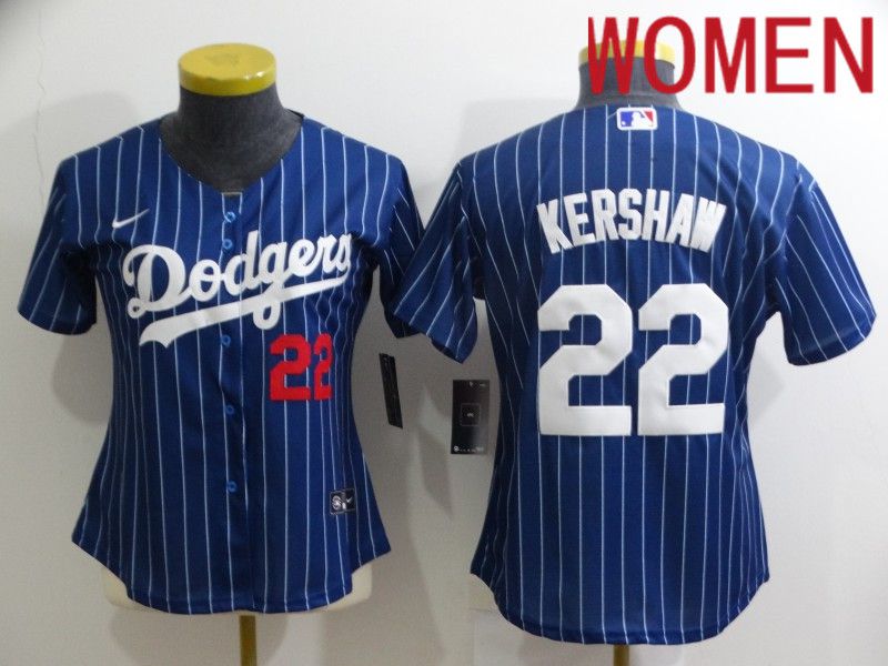 Women Los Angeles Dodgers #22 Kershaw Blue Stripe Throwback Nike 2022 MLB Jerseys->women mlb jersey->Women Jersey
